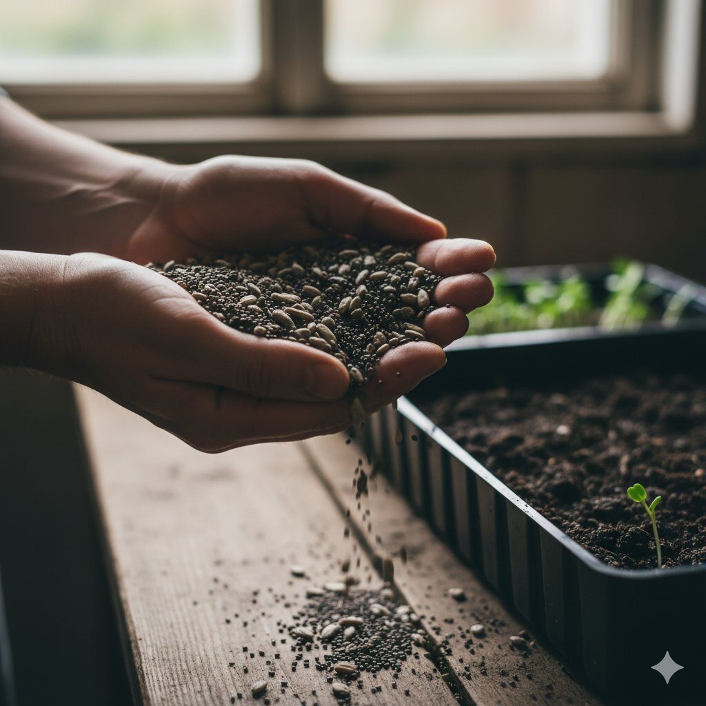 Seeds held in hands — the beginning of every Harit tray