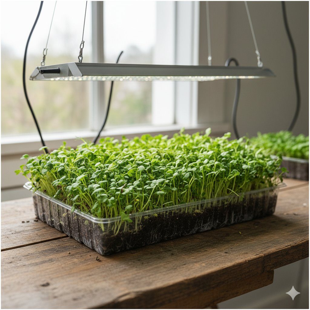 Dense microgreens growing in tray — top view